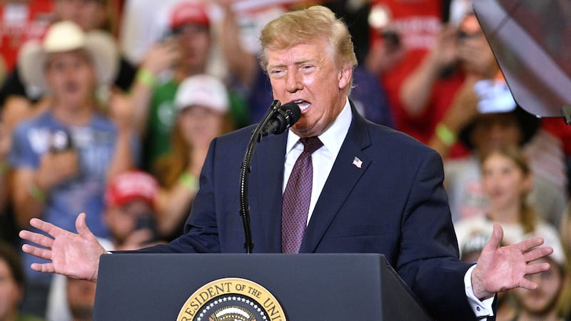 President Donald Trump speaks at a campaign rally at the Shoemaker Center at Ohio University...