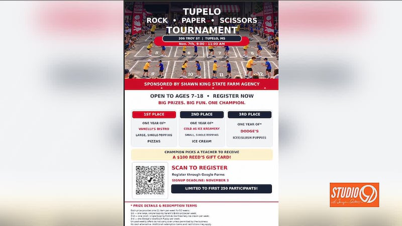 Register now for a rock, paper, scissors tournament in Tupelo on Nov. 7.